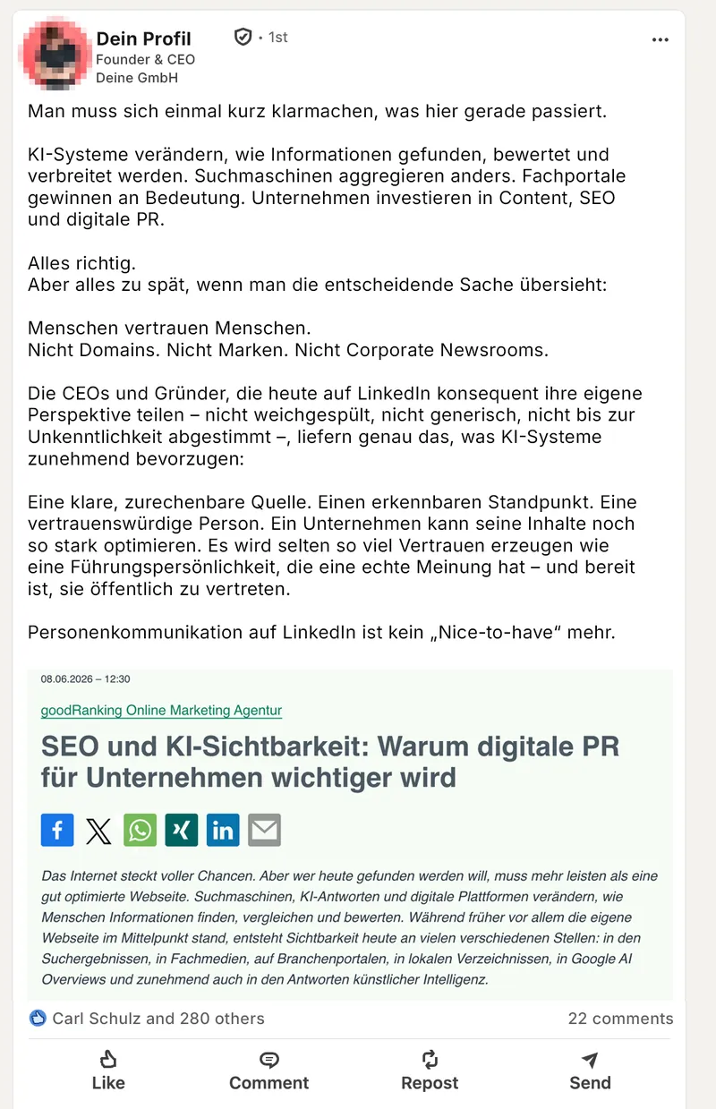 LinkedIn Post: Reaktion auf einen Artikel